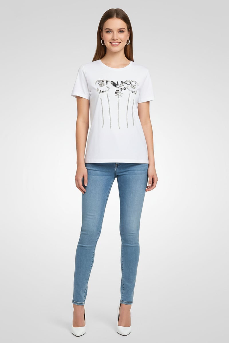 PINKO Women Crew Neck Embellished Short Sleeve T-Shirt, White - Image 1