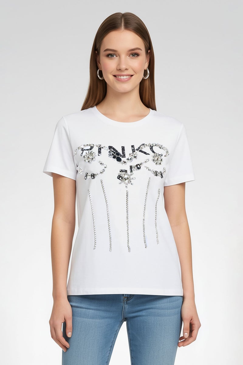 PINKO Women Crew Neck Embellished Short Sleeve T-Shirt, White - Image 2