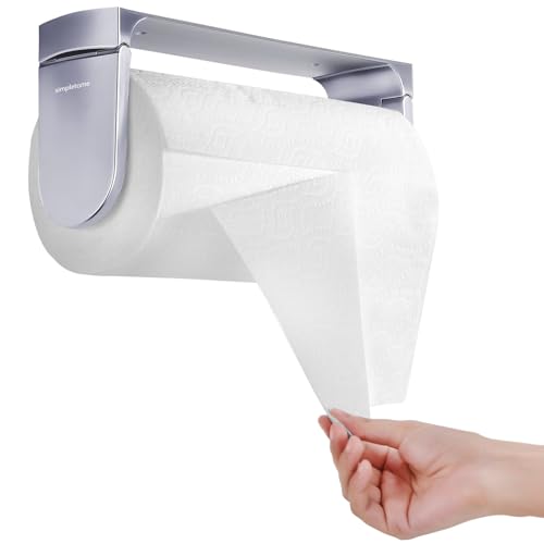 simpletome ONE HAND TEAR Paper Towel Holder Under Cabinet Adhesive or Drilling Installation Aluminum Alloy + ABS (Pearl Chrome Silver) - Image 1