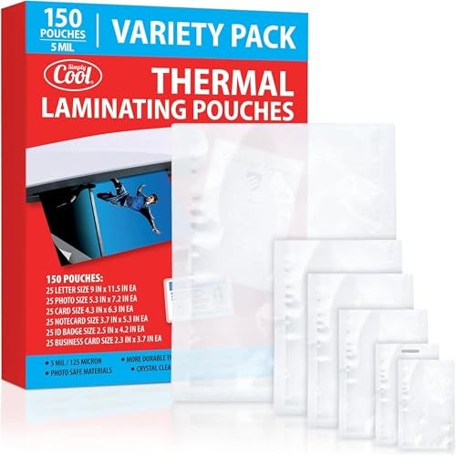 Simply Cool 5MIL Thermal Laminating Sheets (150 Count) Letter, Photo, Card, Notecard, ID Badge and Business Card Sizes, Laminating Pouches Compatible with Laminators, Crystal Clear Laminated Finish - Image 1