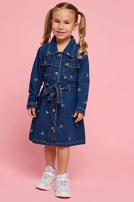 R&B Embroidered Denim Shirt Dress with Long Sleeves