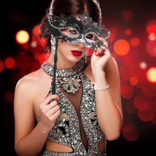 Coddsmz Masquerade Mask with Stick Venetian Mask Mardi Gras Decorations for Womens Halloween Costume Mask - Image 2