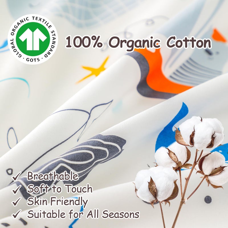 Simple&Opulence 100% Organic Cotton Duvet Cover for Kids Teens, 4 Pieces Soft Comforter Cover with Zipper Closure Cool Boy Girl Sea Sailboat Ocean Bedding Set - Whale, Full/Queen - Image 4