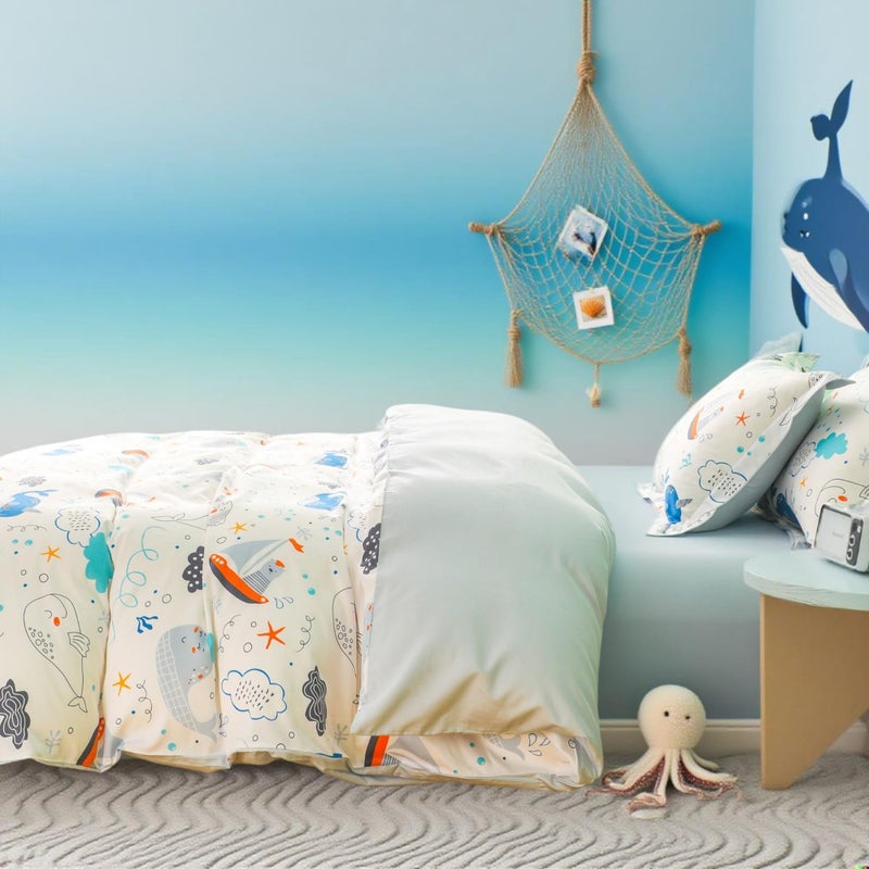 Simple&Opulence 100% Organic Cotton Duvet Cover for Kids Teens, 4 Pieces Soft Comforter Cover with Zipper Closure Cool Boy Girl Sea Sailboat Ocean Bedding Set - Whale, Full/Queen - Image 3