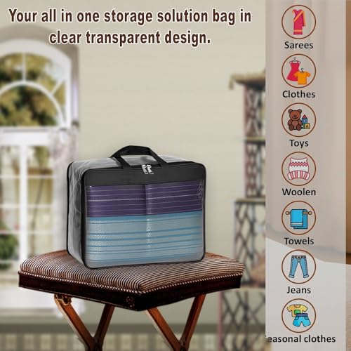 FabPax Pack of 6 Clear Storage Bag for Clothes, Sarees, Bedsheets, Toys, Transparent Wardrobe Organizer, Multipurpose Storage Bag with Handle & Zipper (BLACK) (40x32x20 cm) - Image 5