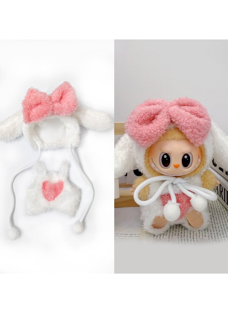 LABUBU Labubu Pink Bow Costume: White Plush Vest and Bow Headdress for 17cm Doll (Doll & Shoes Not Included) 