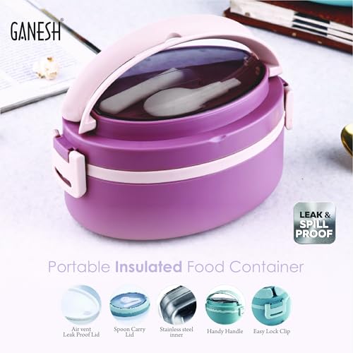 Ganesh 1 Compartment Vega Portable Insulated Food Container with Attractive Spoon - Airtight Leak-Proof Lunch Box for Office, School, Picnic - 400ml Peach - Image 4