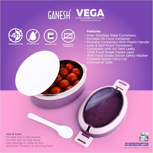 Ganesh 1 Compartment Vega Portable Insulated Food Container with Attractive Spoon - Airtight Leak-Proof Lunch Box for Office, School, Picnic - 400ml Peach - Image 3