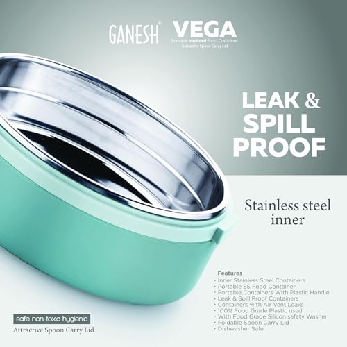 Ganesh 1 Compartment Vega Portable Insulated Food Container with Attractive Spoon - Airtight Leak-Proof Lunch Box for Office, School, Picnic - 400ml Peach - Image 5