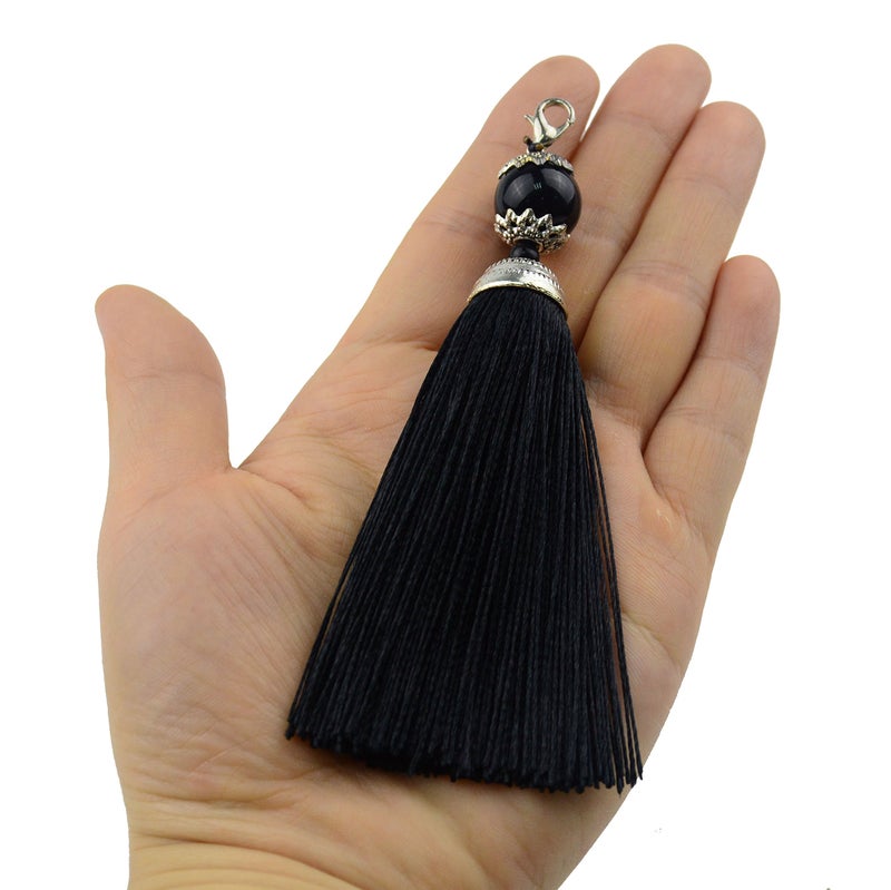 10pcs 45 Inch Handmade Silky Floss Bookmark Tassel Pendant with Lobseter Clasp for DIY Craft Jewerly Women Earring SBlack