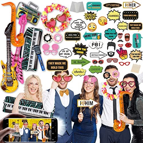 SOUL SHIFT 70 Pc Large Premium Photo Booth Props Set for All Occasions - Wedding Props, Birthday Props, Graduation Prop, Inflatables, Large Glasses, Multi-Colored Wig, Hawaiian Lei, Hand Pump - Image 1