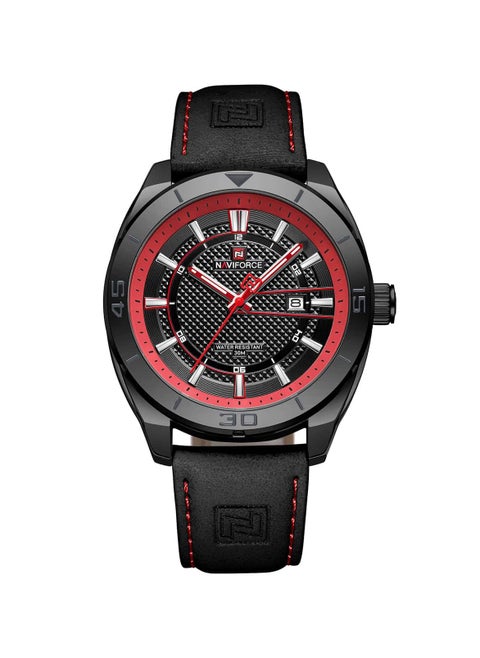 Men Black Dial Red Accent Leather Strap Quartz Watch