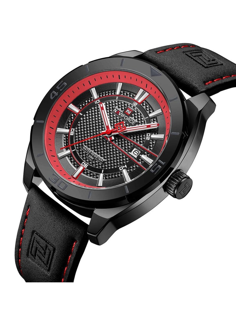 NAVIFORCE - Men Black Dial Red Accent Leather Strap Quartz Watch - Image 1