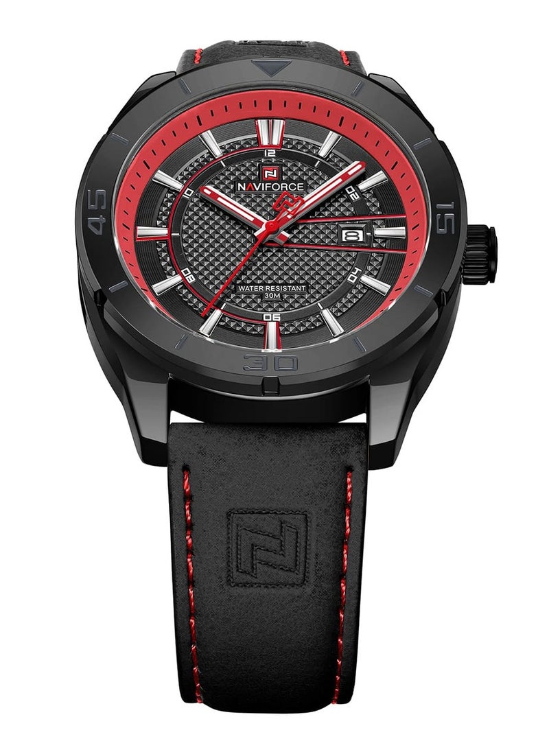 NAVIFORCE - Men Black Dial Red Accent Leather Strap Quartz Watch - Image 1