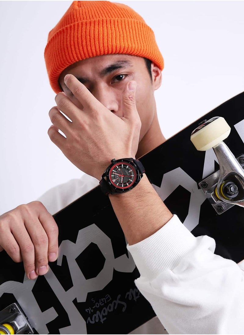 NAVIFORCE - Men Black Dial Red Accent Leather Strap Quartz Watch - Image 1