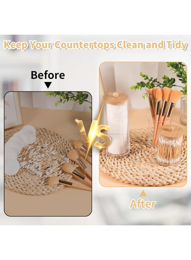 يلا جوي علب حمام مكونة من 3 عبوات مع أغطية من الخيزران، تخزين دائري من البلاستيك الشفاف قابل للتكديس للمسحات القطنية والكرات القطنية ومنصات إزالة المكياج وأطراف تنظيف الأذن، لأسطح الحمام وطاولات الزينة - Image 2