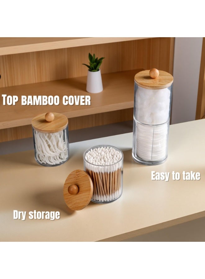 يلا جوي علب حمام مكونة من 3 عبوات مع أغطية من الخيزران، تخزين دائري من البلاستيك الشفاف قابل للتكديس للمسحات القطنية والكرات القطنية ومنصات إزالة المكياج وأطراف تنظيف الأذن، لأسطح الحمام وطاولات الزينة - Image 4