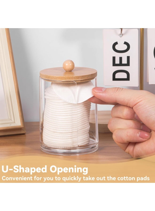 يلا جوي علب حمام مكونة من 3 عبوات مع أغطية من الخيزران، تخزين دائري من البلاستيك الشفاف قابل للتكديس للمسحات القطنية والكرات القطنية ومنصات إزالة المكياج وأطراف تنظيف الأذن، لأسطح الحمام وطاولات الزينة - Image 5