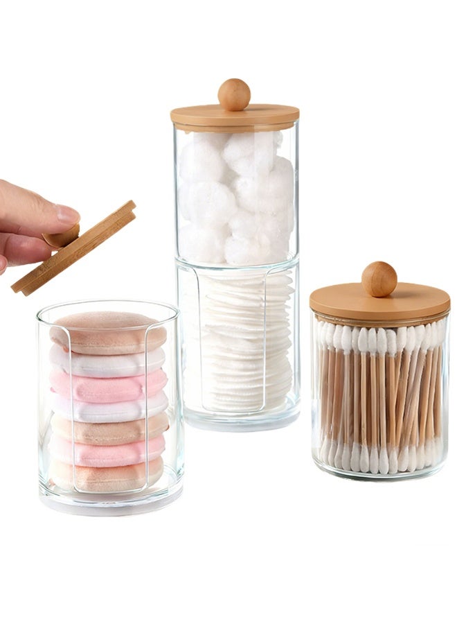 يلا جوي علب حمام مكونة من 3 عبوات مع أغطية من الخيزران، تخزين دائري من البلاستيك الشفاف قابل للتكديس للمسحات القطنية والكرات القطنية ومنصات إزالة المكياج وأطراف تنظيف الأذن، لأسطح الحمام وطاولات الزينة - Image 1