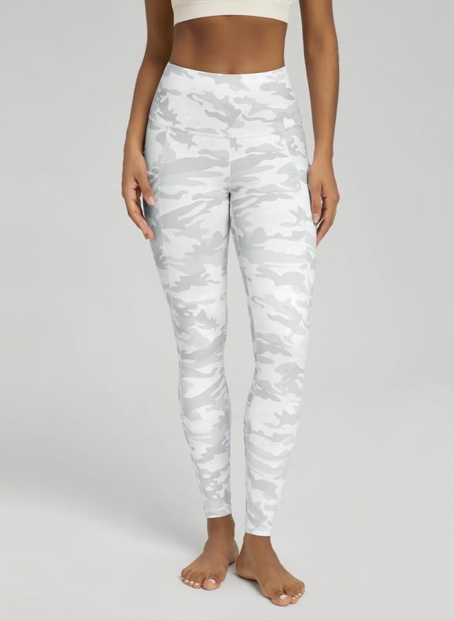 ODODOS Women's High Waisted Yoga Leggings with Pockets, Tummy Control Non See Through Workout Athletic Running Yoga Pants, White Camo, L - Image 2