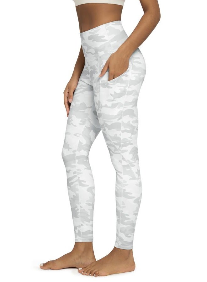 ODODOS Women's High Waisted Yoga Leggings with Pockets, Tummy Control Non See Through Workout Athletic Running Yoga Pants, White Camo, L - Image 1