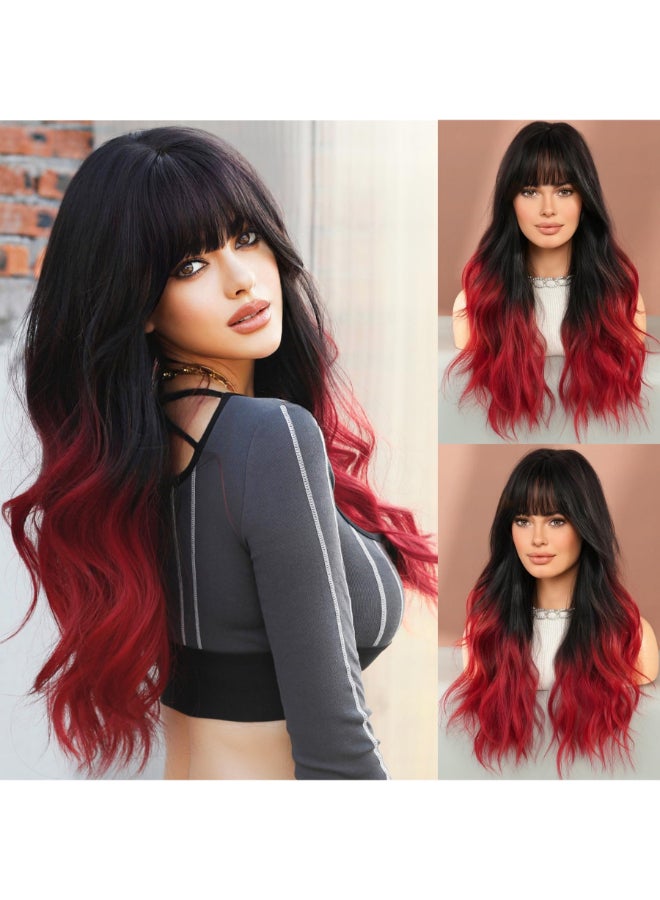 7JHH WIGS Long Wavy Wigs with Bangs 25in Black Ombre Red Synthetic Wig Heart Resiatant Wigs for Women Daily Party Cosplay Used - Image 2