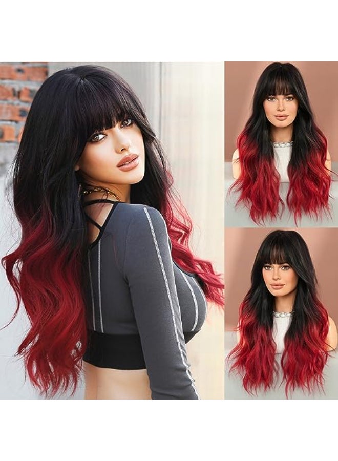 7JHH WIGS Long Wavy Wigs with Bangs 25in Black Ombre Red Synthetic Wig Heart Resiatant Wigs for Women Daily Party Cosplay Used - Image 1