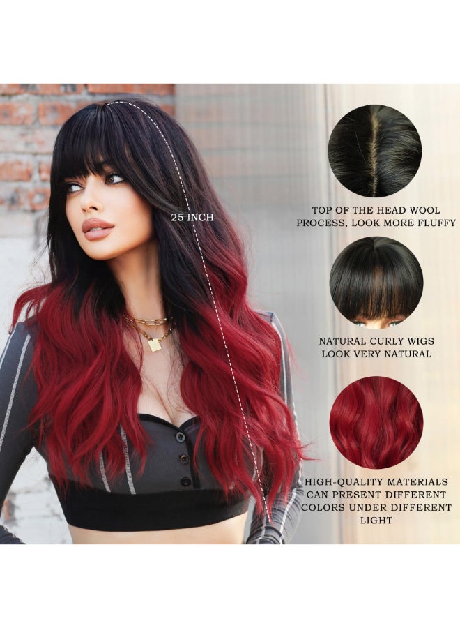 7JHH WIGS Long Wavy Wigs with Bangs 25in Black Ombre Red Synthetic Wig Heart Resiatant Wigs for Women Daily Party Cosplay Used - Image 4
