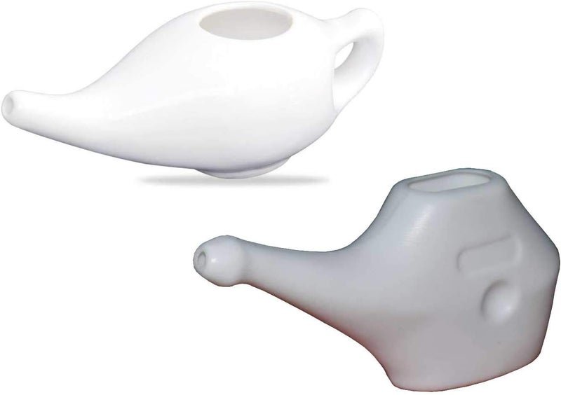 WHOLELIFEOBJECTS وعاء نيتى من البورسلين والبلاستيك مقاوم للتسرب سعة 230 مل سيراميك و 150 مل بلاستيك مع قبضة مريحة مع 10 أكياس ملح نيتى علاج طبيعي للاحتقان الأنفي أبيض - Image 1