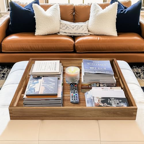 MAONAME Extra Large Ottoman Tray, 22 x 18 inches Acacia Wooden Serving Tray for with Handles,Farmhouse Wooden Decorative Trays, Coffee Table Trays for Living Room, Countertop, Charcuterie - Image 2