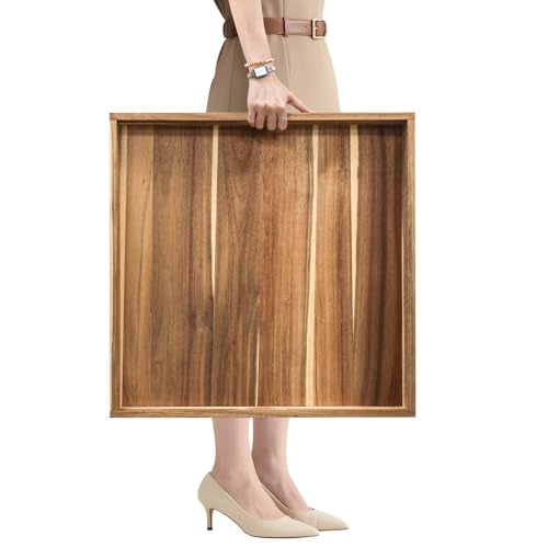 MAONAME Extra Large Ottoman Tray, 22 x 18 inches Acacia Wooden Serving Tray for with Handles,Farmhouse Wooden Decorative Trays, Coffee Table Trays for Living Room, Countertop, Charcuterie - Image 1