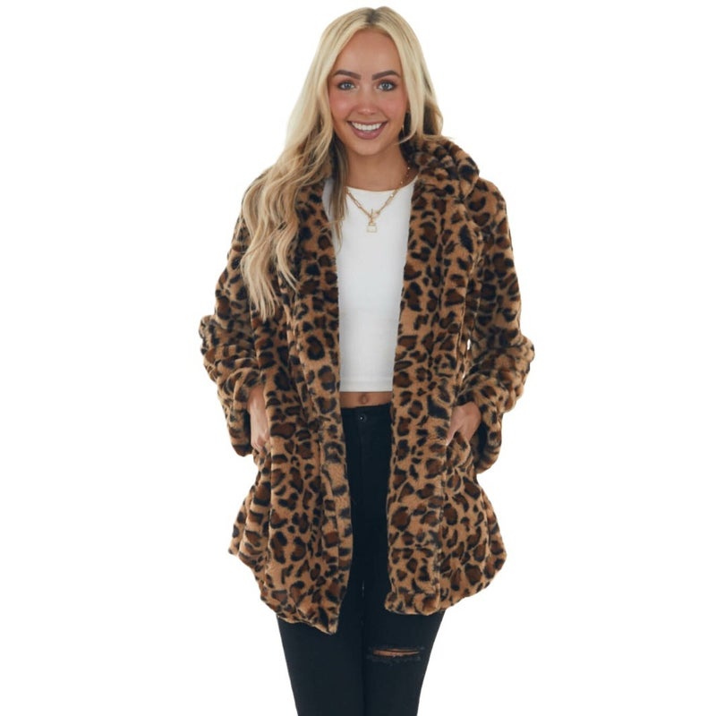 Faux Fur Coat with Pockets, Loose Fit Women's Outerwear