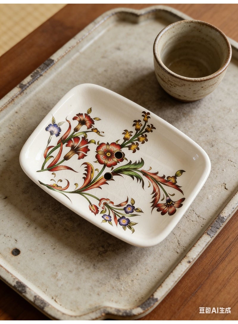 bbet Ceramic Soap Dish with Drain Hole, European Vintage Phoenix Flower Design, Bathroom Soap Holder - Image 3