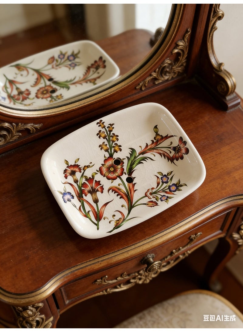 bbet Ceramic Soap Dish with Drain Hole, European Vintage Phoenix Flower Design, Bathroom Soap Holder - Image 2