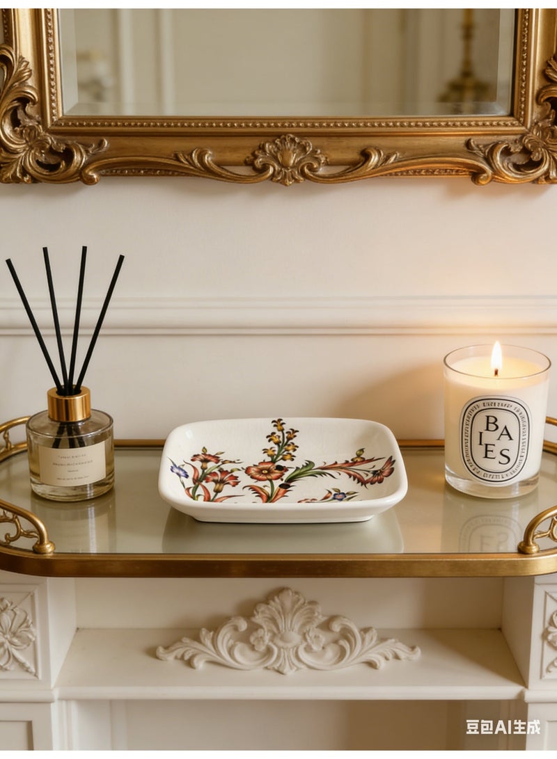 bbet Ceramic Soap Dish with Drain Hole, European Vintage Phoenix Flower Design, Bathroom Soap Holder - Image 1