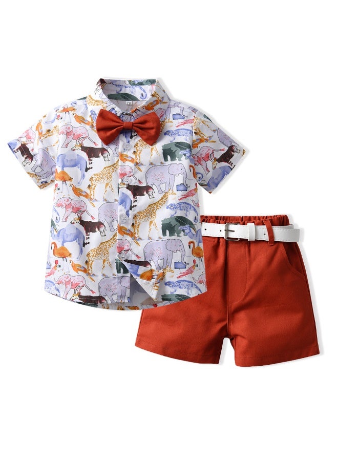 KUYING New Short Sleeved Shirt Belt Shorts Two-Piece Set 