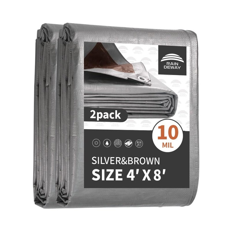 Raindeway Tarps Heavy Duty Waterproof 4X8 Feet(2 Pack) 10Mil Thick Multipurpose Poly Small Tarp Cover With Metal Grommets And Reinforced Edges Silver/Brown Tarp - Image 1