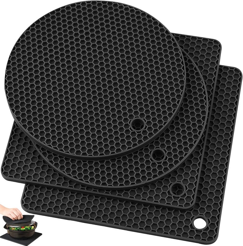 P Plus Fire Silicone Mats for Hot Dishes Hot Pads to Portect Table and Counter Top Heat Resistant Pot Holders Non-Slip Hot Pads for Kitchen (Black, Set of 4) - Image 1