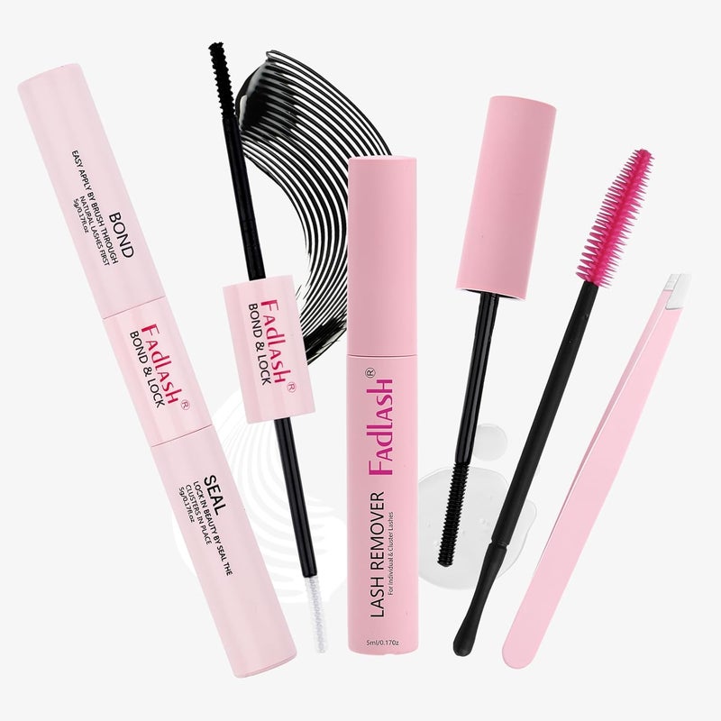 DIY Lash Extensions Kit 4 PCS Lash Bond and Seal & Cluster Lash Glue Remover Fast Removal No Residue and Eyelash Tweezers Waterproof Lash Cluster Glue for Self Application at Home