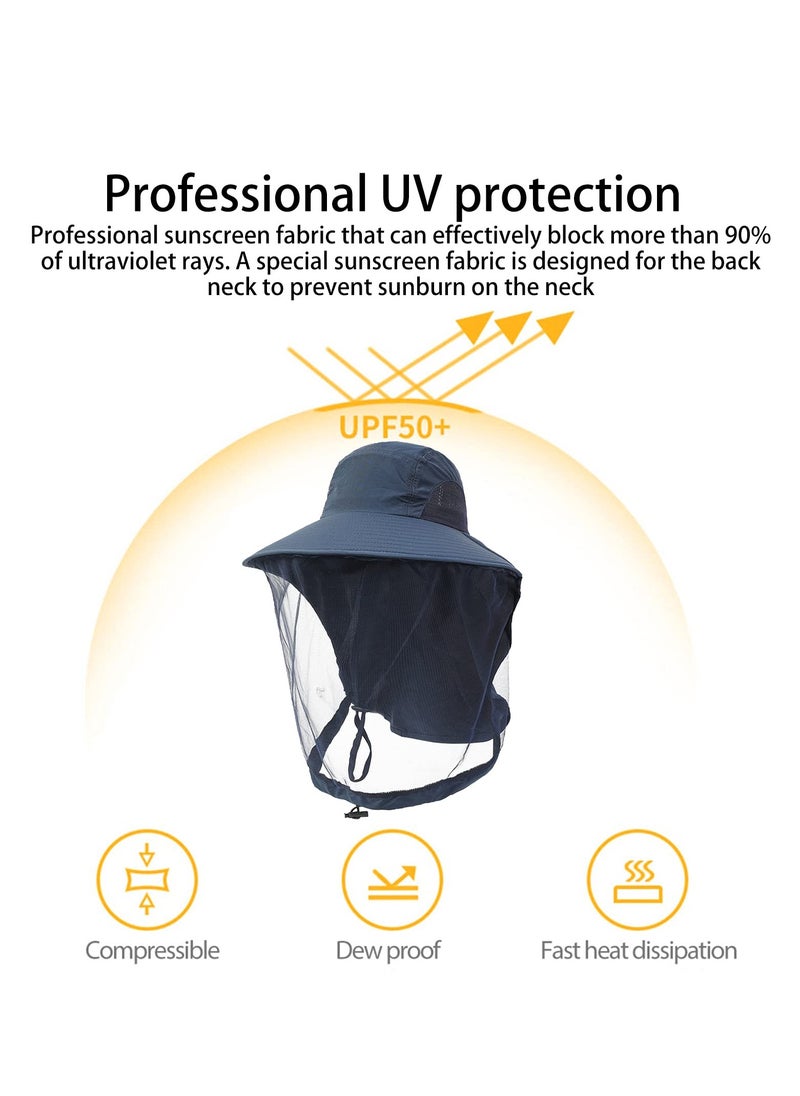Excefore - Mosquito Net Hat, Sun Hat Mosquito Head Net Hat Fishing Hat with Net Mesh, UPF 50+ Sun Protection with Hidden Netting for Outdoor Hiking Gardening Men Women (Navy Blue) - Image 1