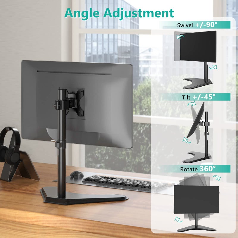 WALI Single Monitor Stand up to 32 Inch Screens, Freestanding Single Monitors Arm Desk Mount, Universal VESA Monitor Mount 75x75/100x100mm, Adjustable Height and Angle (MF001), Black - Image 4