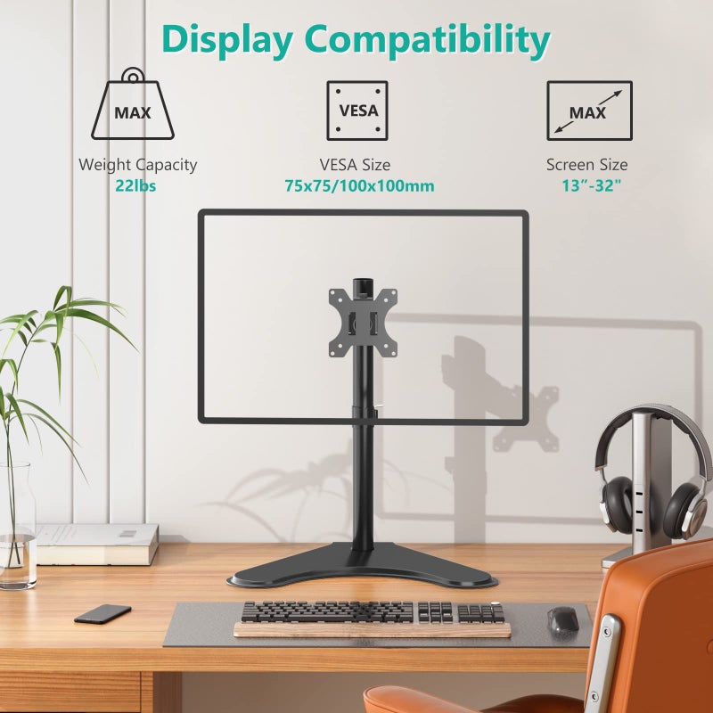 WALI Single Monitor Stand up to 32 Inch Screens, Freestanding Single Monitors Arm Desk Mount, Universal VESA Monitor Mount 75x75/100x100mm, Adjustable Height and Angle (MF001), Black - Image 3