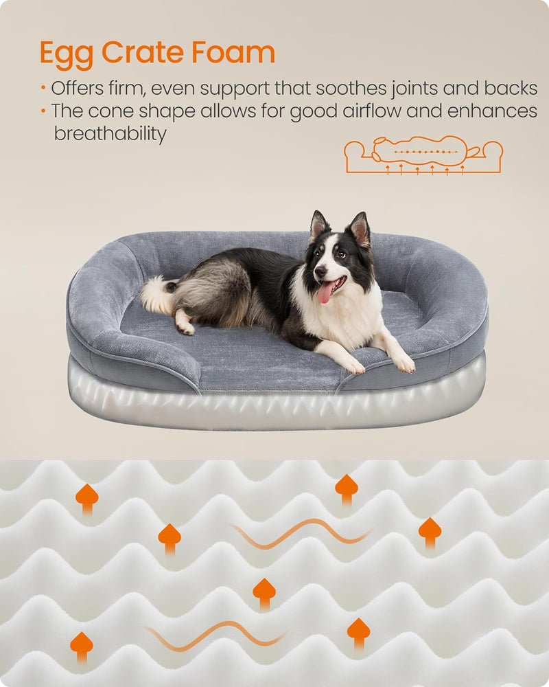 Feandrea Dog Bed, Large Orthopaedic Dog Sofa Bed, 91 x 68 x 18 cm, Egg Crate Foam, Waterproof Liner, Raised Edges, Removable and Machine Washable Cover, Non-Slip, Light Grey - Image 3