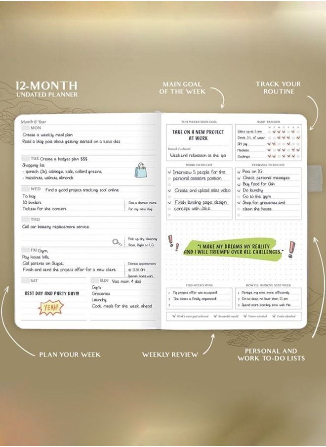 Arabest - A5 Hardcover Weekly And Monthly Life Plan Organizer Notebook With 3 Beautiful Stickers For Daily Productivity, Time Management And Achieving Goals Helps Keep Track Of The Important Things In Life - Image 1