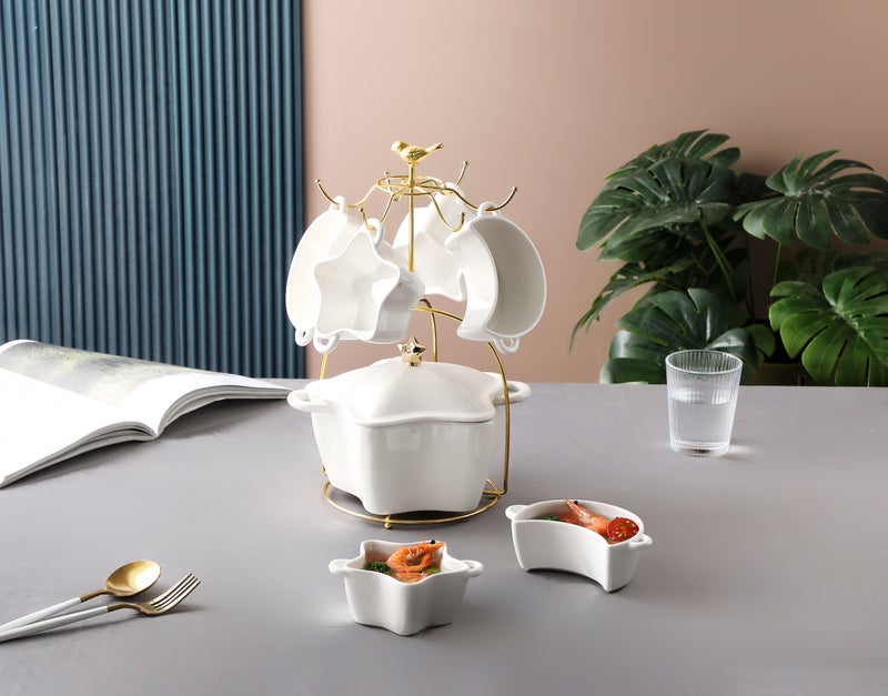 دوف طقم زبديات شوربة بورسلان 9 قطع بشكل النجمة – أبيض مع حامل معدني (زبدية 9.5 إنش + غطاء 8 إنش + 3 زبديات نجمة + 3 زبديات قمر)