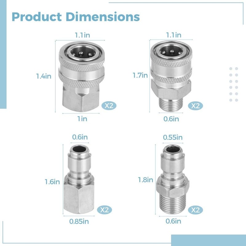 Stainless Steel 3/8 Inch Quick Connect Fittings Kit, 8-Piece Set with Male and Female Npt Threads, Ideal for Pressure Washers and Power Washer Systems - Image 5