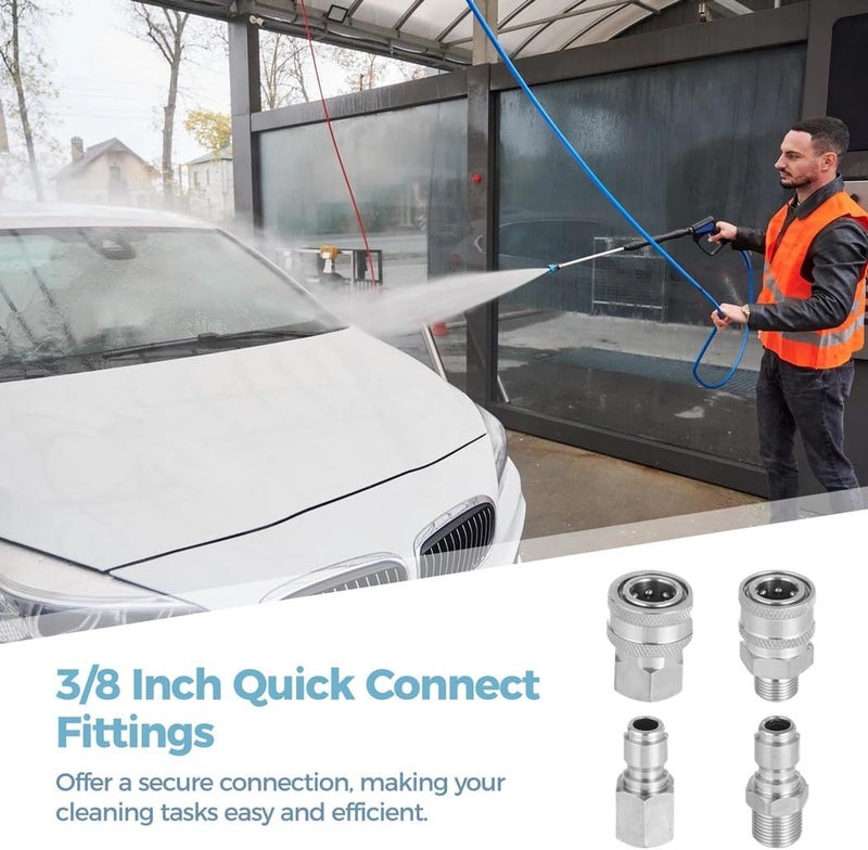Stainless Steel 3/8 Inch Quick Connect Fittings Kit, 8-Piece Set with Male and Female Npt Threads, Ideal for Pressure Washers and Power Washer Systems - Image 2