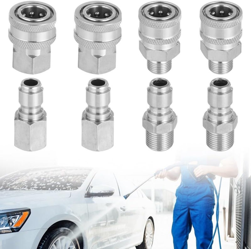 Stainless Steel 3/8 Inch Quick Connect Fittings Kit, 8-Piece Set with Male and Female Npt Threads, Ideal for Pressure Washers and Power Washer Systems - Image 1