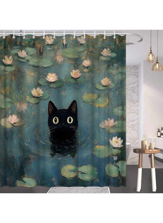 ستارة دش بوليستر بتصميم قط أسود وبركة زنابق الماء، 70x80 بوصة مع 13 خطافًا - Image 3
