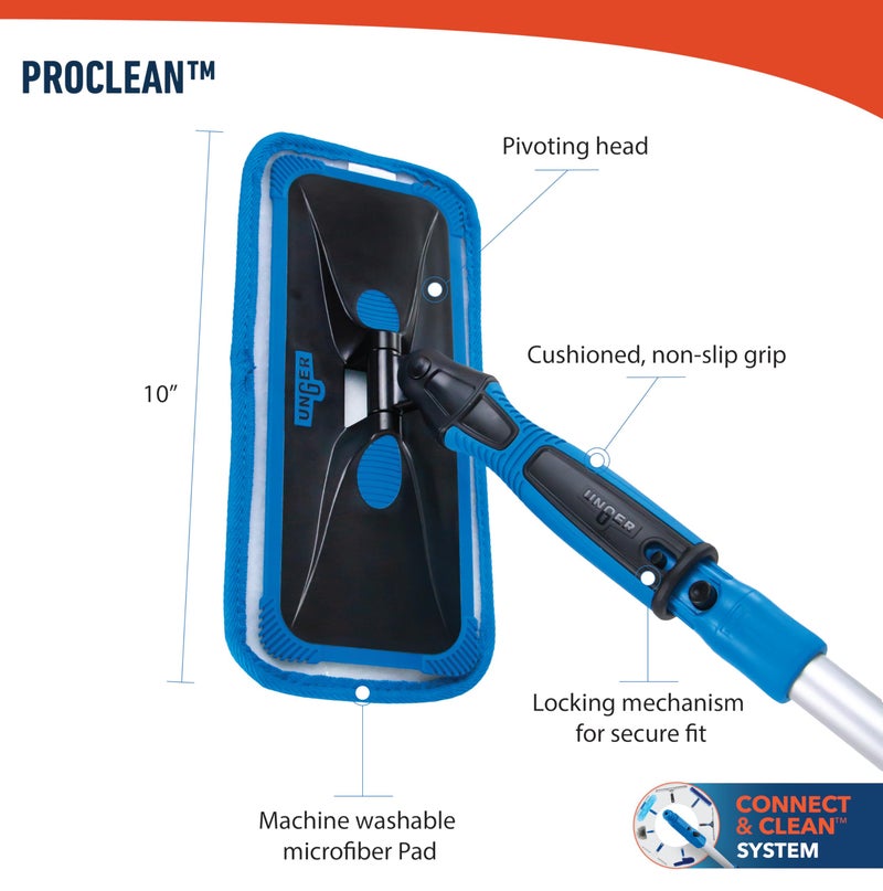 Unger Professional ProClean Indoor Window Cleaning Kit with 2â€™ Pole, Washing Tool with Swivel Head for Tight Corners and Edges, Streak-Free Results on Glass and Mirrors, Reusable Microfiber Pads - Image 3